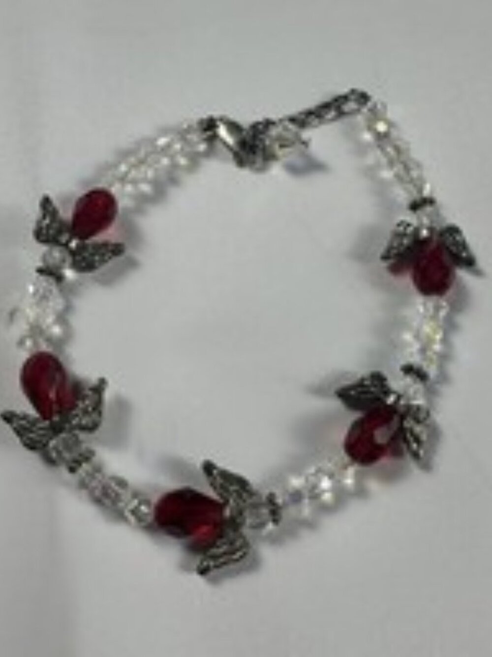 Handmade Beaded Guardian Angel Bracelet Ruby Red Clear Crystal Silver Wings